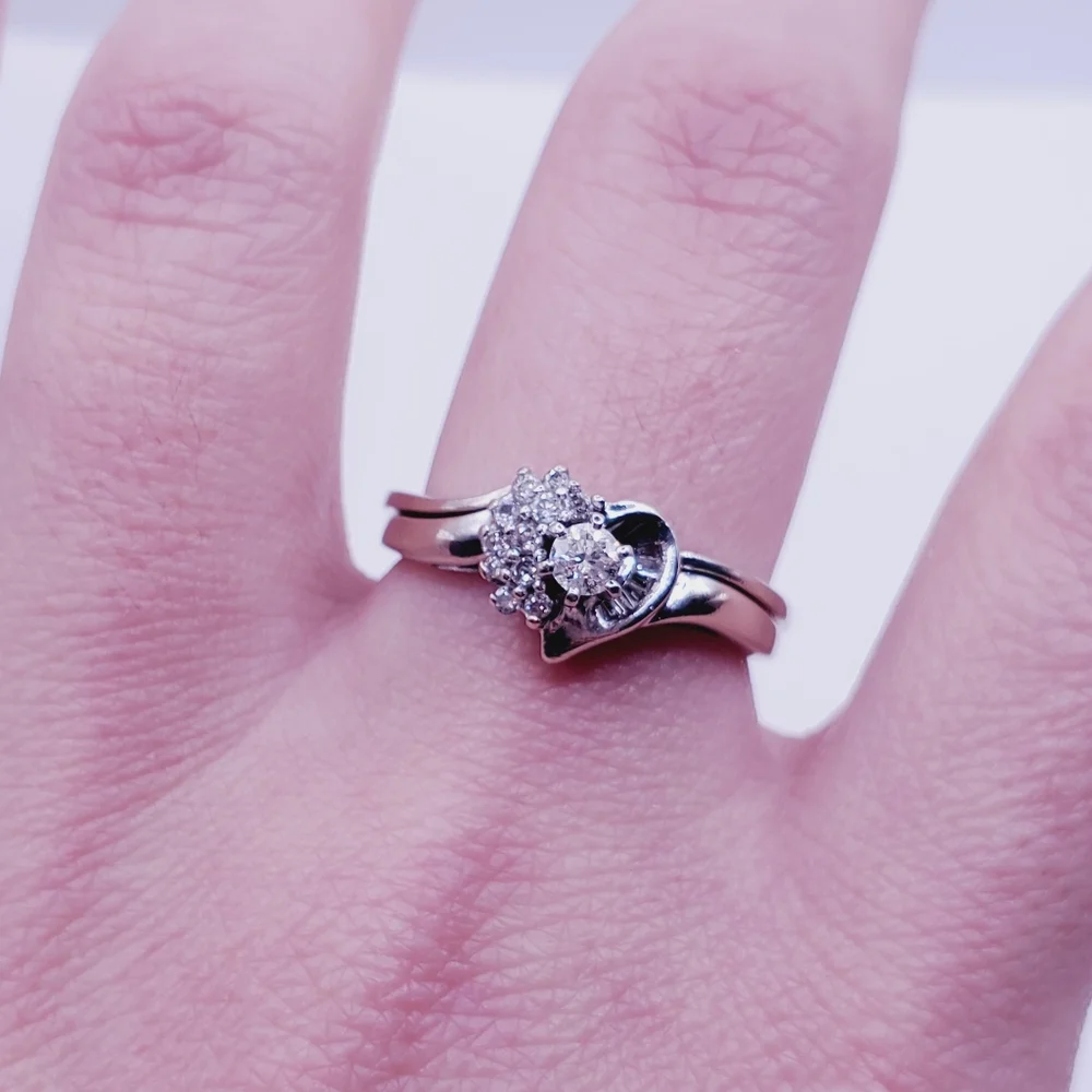 10k Solid White Gold Genuine Round & Baguette Diamond Heart Wedding Ring Set